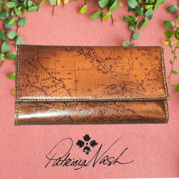 NWOT Patricia Nash Signature Map Trifold Leather Wallet in Riot Rust - Picture 1 of 8